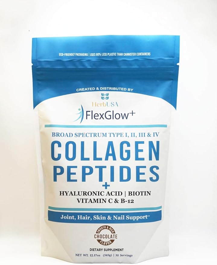 FlexGlow+ Collagen Peptides – Broad Spectrum (I, II, III, IV) – 6,900mg – Hyaluronic Acid, Biotin & Vitamin C – Chocolate – Hair, Skin & Joint Support – 30 Servings (12.17oz)