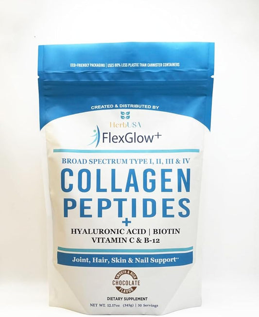FlexGlow+ Collagen Peptides – Broad Spectrum (I, II, III, IV) – 6,900mg – Hyaluronic Acid, Biotin & Vitamin C – Chocolate – Hair, Skin & Joint Support – 30 Servings (12.17oz)