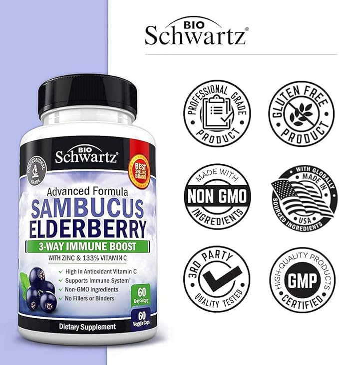 Elderberry Capsules with Zinc and Vitamin C for Adults - Immune Support Vitamins for Women and Men - Black Sambucus Elderberry Vitamin C and Zinc - Immune Defense Multiminerals Supplement, 60 Count
