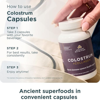 Ancient Nutrition Colostrum Superfood + Collagen, Grass Fed Bovine Colostrum, Fermented Eggshell Membrane Collagen, Supports Healthy Gut Microbiome and Immune System, 75 Count