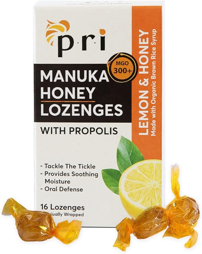 P.R.I Manuka Honey Lozenges with Propolis, Soothing Cough and Throat Drops, MGO 300+ Certified, (Lemon, 16 Count)