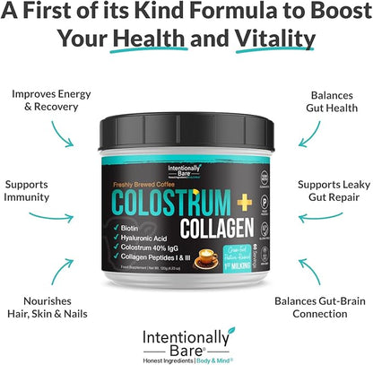 Intentionally Bare Colostrum and Collagen Powder - Colostrum Supplement with Biotin and Collagen Peptides - Colostrum Powder for Skin, Joint and Gut - Brewed Coffee Collagen Supplements 60 Servings