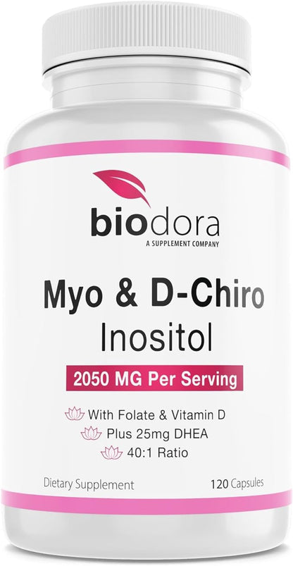 Myo& D-Chiro Inositol Supplement, with Folate and Vitamin D, 40 to 1 Ratio, Includes DHEA, Helps in Hormone Balance, Ovarian Function, 2050mg per Serving, 120 Capsules