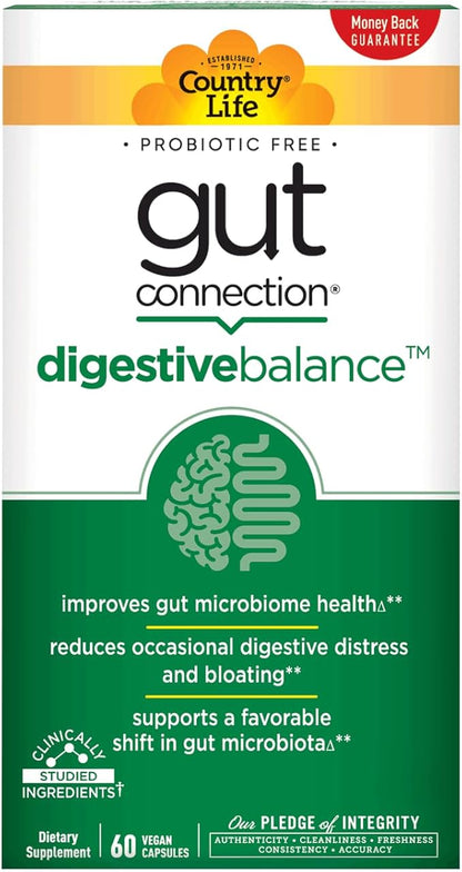 Country Life Gut Connection Digestive Balance – Prebiotic & Digestive Enzyme Supplement for Gut Health, Bloating Relief, and Improved Bowel Movements – Gluten-Free, Vegan, Non-GMO, 60 Capsules