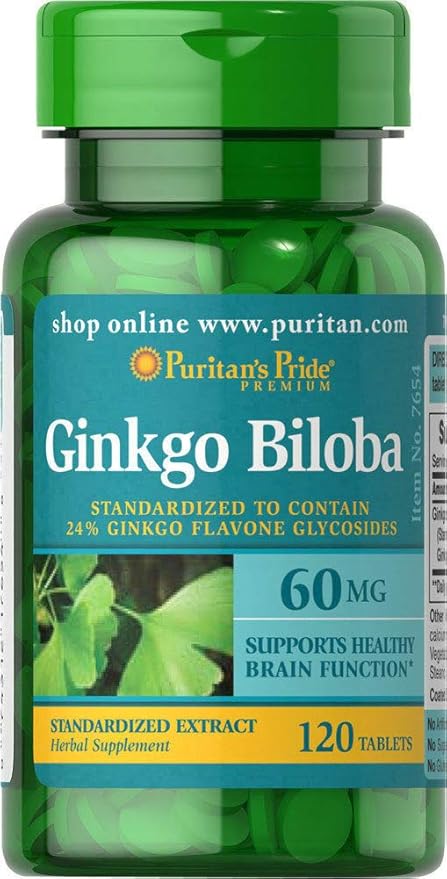 Puritans Pride Ginkgo Biloba Standardized Extract 60 mg Tablets, 120 Count