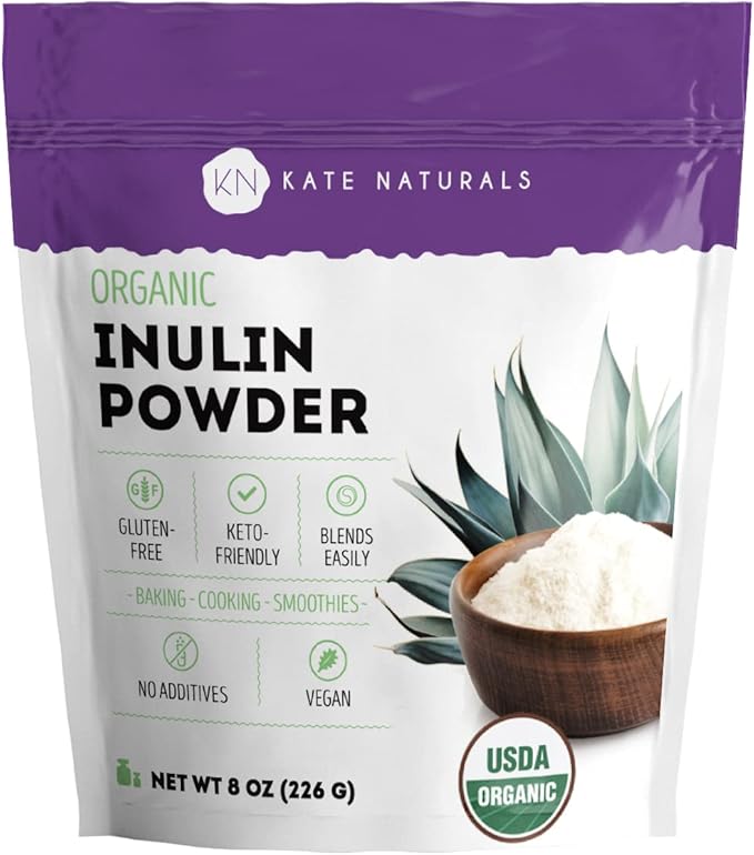 Kate Naturals Inulin Powder Organic from Blue Agave (8oz) Soluble Prebiotic Fiber for Coffee, Yogurt & Smoothies