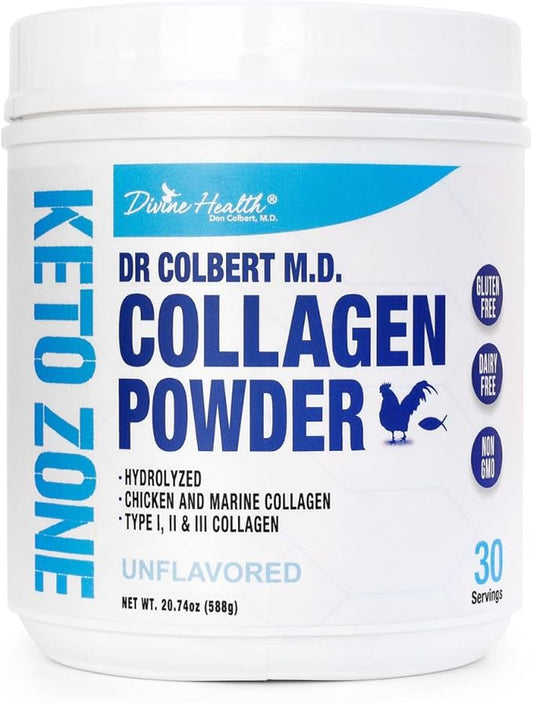 Keto Zone Dr. Colbert MD Hydrolyzed Collagen Powder | Unflavored | by Divine Health | Chicken & Marine Collagen Peptides | Hair, Skin and Nails Support