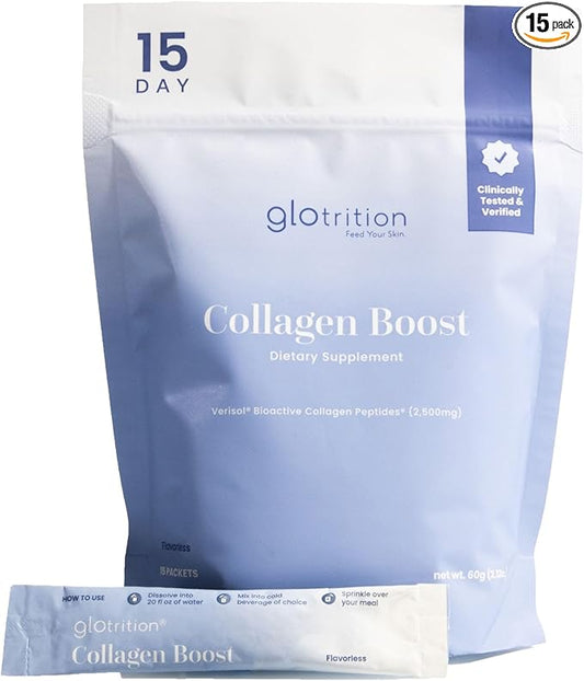 Glotrition Collagen Boost | Skin, Hair, Nails & Joint Support | Reduce Wrinkles and Firm Skin | All-Natural, Non-GMO Collagen for Women & Men 15ct