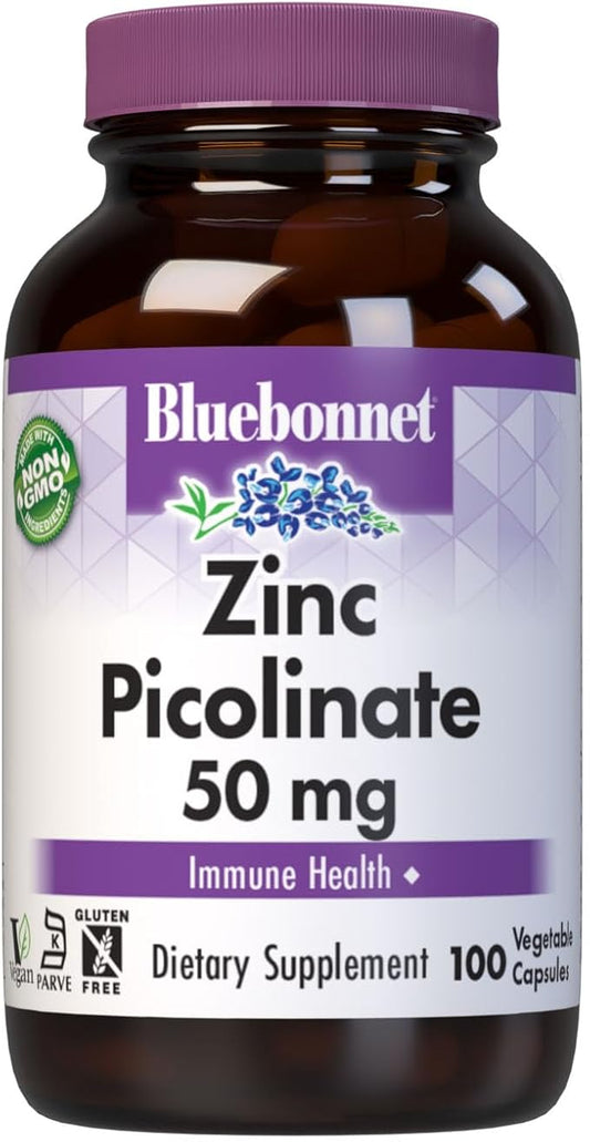 Bluebonnet Nutrition Zinc Picolinate 50 mg Vegetable Capsules, Best for Hormonal & Immune Health, Prostate Health, Skin, Vegan, Non GMO, Gluten Free, Soy Free, Milk Free, Kosher, 100 Vegetable Capsule