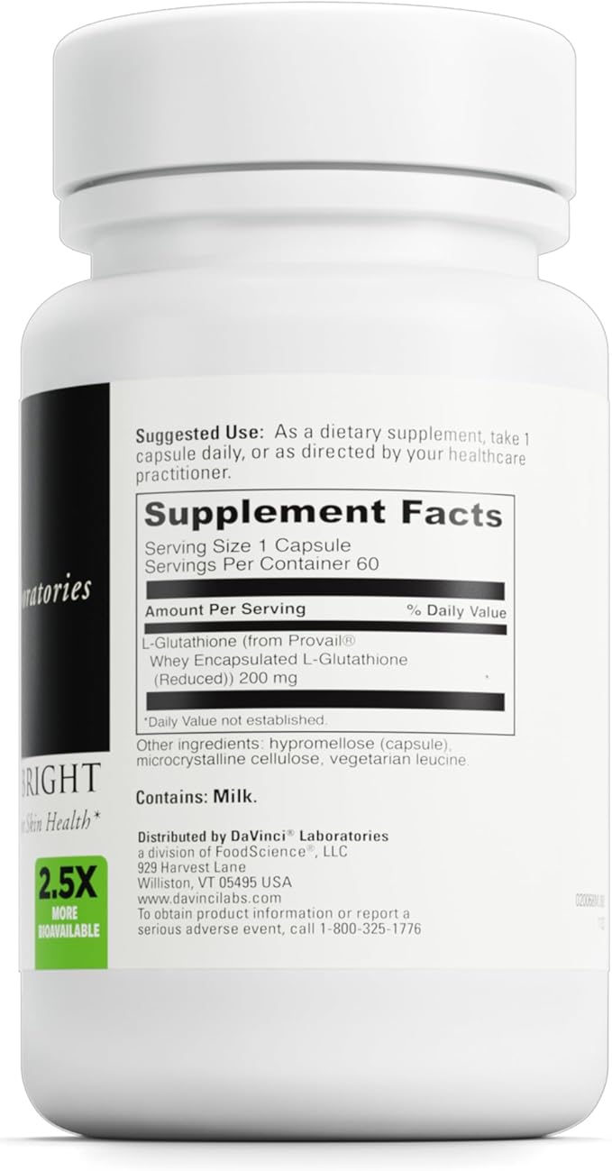 DAVINCI Labs Glutathione Bright - Helps Support Skin Health & Healthy Aging with Glutathione* - Easily Absorbable Formula - Gluten Free & Soy Free - 60 Vegetarian Capsules