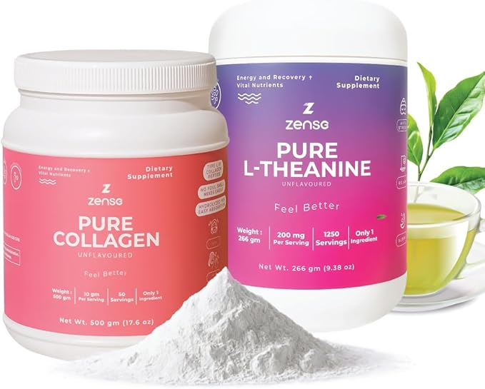 ZENSE Body & Brain Bundle Pure Collagen Powder (500gm) L-theanine Pure Powder (1,250servings) Natural, Free additive, Sugar Free, Soy Free, Filler Free, Tasteless & Odorless