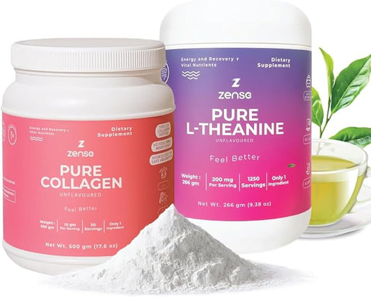 ZENSE Body & Brain Bundle Pure Collagen Powder (500gm) L-theanine Pure Powder (1,250servings) Natural, Free additive, Sugar Free, Soy Free, Filler Free, Tasteless & Odorless