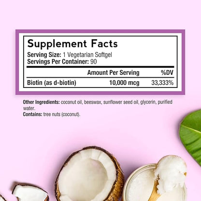 Doctor's Recipes Biotin 10,000 mcg, Hair Growth, Healthy Skin & Nails, Energy Metabolism, Vegetarian-Friendly Biotin, with Coconut Oil, Non-GMO, 3 Month Supply, 90 Vegetarian Softgels
