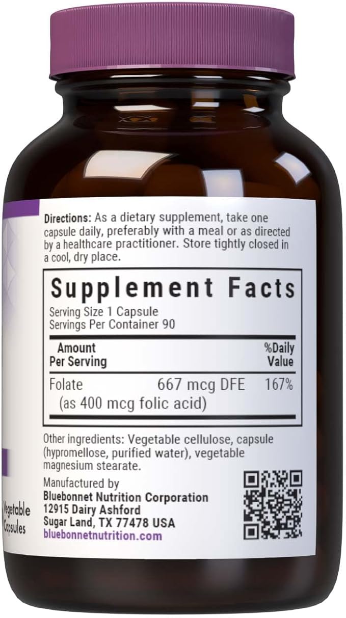 Bluebonnet Nutrition Folic Acid 400 mcg, Prenatal & Postnatal Health*, Non-GMO, Vegan, Kosher Certified, Gluten-Free, Soy-Free, Dairy-Free, 90 Vegetable Capsules, 90 Servings
