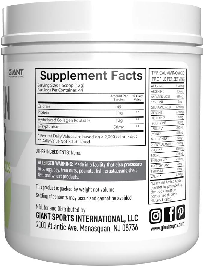 Giant Sports Collagen Peptide Powder - Hydrolyzed Complete All Essential Amino Acids with L-Tryptophan, Great for Skin, Hair, Nails, Bones, Joints - Grass Fed Pasture Raised Type 1 Type 3-1 LB