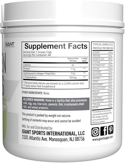 Giant Sports Collagen Peptide Powder - Hydrolyzed Complete All Essential Amino Acids with L-Tryptophan, Great for Skin, Hair, Nails, Bones, Joints - Grass Fed Pasture Raised Type 1 Type 3-1 LB