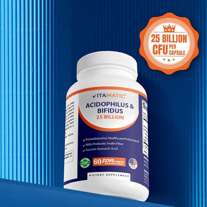 Vitamatic Acidophilus Bifidus 25 Billion DR Capsule - 60 Count - Digestive Support - Made with Prebiotic Inulin Fiber