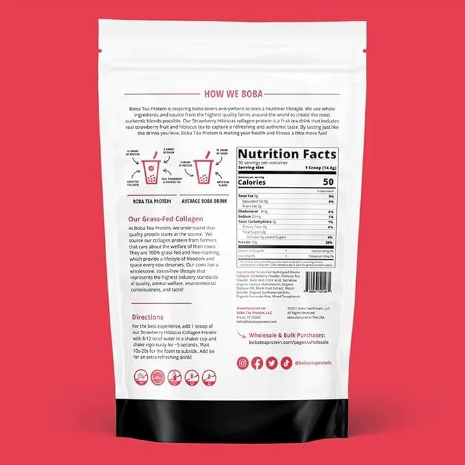 Strawberry Hibiscus Flavored Collagen | 30 Servings | Grass-Fed Hydrolyzed Bovine Collagen Powder for Men and Women | Promotes Hair, Nail, Skin, Bone, and Joint Health | No Added Sugar