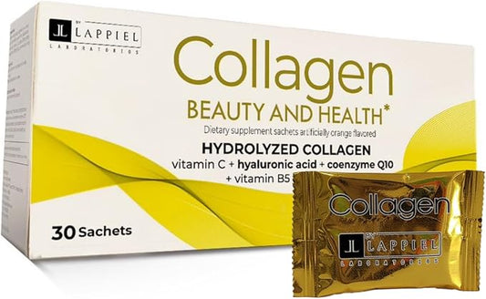Hydrolyzed Collagen Peptides 30 Powder Packets with Vitamin C (1000mg) & Hyaluronic Acid, That Supports Hair, Skin, Nails & Joints, Orange Flavor, 30 Servings