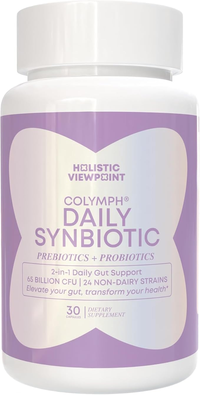 CoLymph® Daily Synbiotic Upgraded 24 Strains, 65 Billion CFU, High Potency Prebiotics + Probiotics | Non-Dairy, Supports Gut Health, Digestion, Bloating, Mood, 30 Vegan Capsules