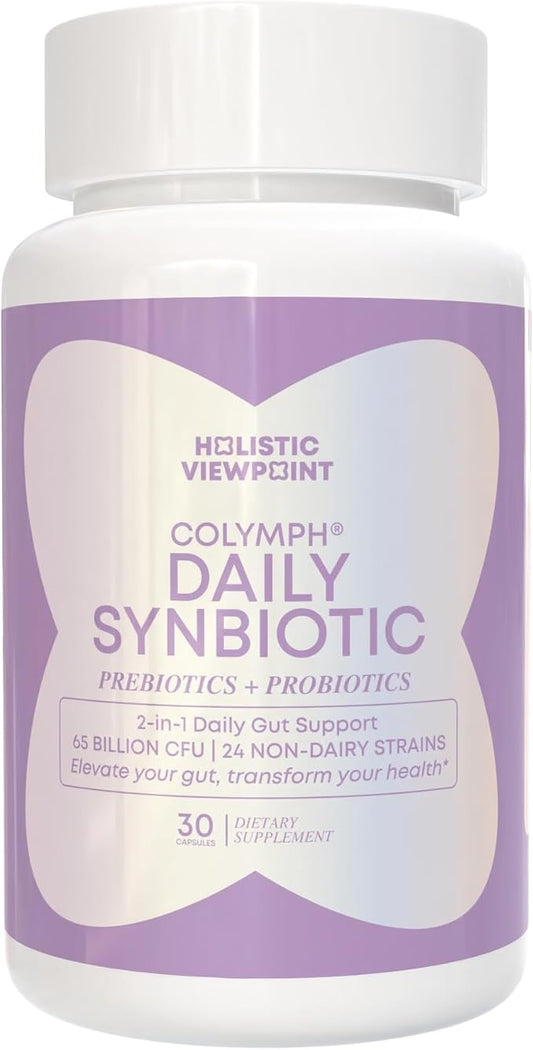 CoLymph® Daily Synbiotic Upgraded 24 Strains, 65 Billion CFU, High Potency Prebiotics + Probiotics | Non-Dairy, Supports Gut Health, Digestion, Bloating, Mood, 30 Vegan Capsules