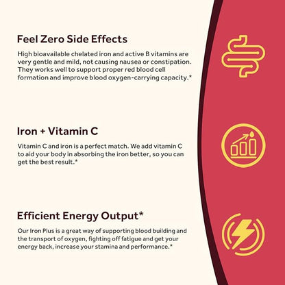 Doctor's Recipes Iron Supplement, Iron Bisglycinate with Vitamin C, B6, Folate & B12, Non-Constipating, Stomach Friendly, Gentle Iron Pills for Iron Deficiency, Blood & Energy Support, 60 Vegan Caps
