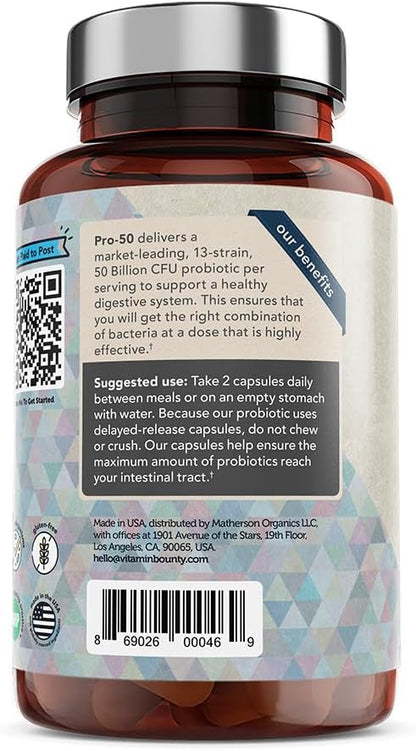Vitamin Bounty Pro-50 Probiotics for Women Digestive Health | 50 Billion CFU & 13 Strains | SBO Synbiotic Formula Delayed Release Capsule+Prebiotic Greens for Immune Support – for Women & Men | 60cap