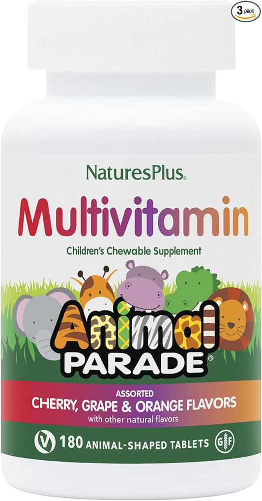 Natures Plus Animal Parade Children's Chewable Multivitamin - 180 Animal-Shaped Tablets, Pack of 3 - Natural Assorted Flavors - Vegan, Gluten Free - 270 Total Servings