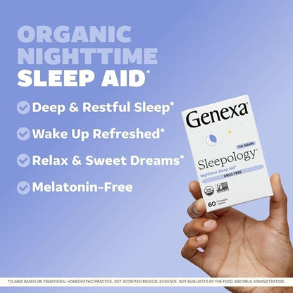 Genexa Sleepology for Adults | Melatonin Free Sleep Calm Aid |Soothing Natural Vanilla & Lavender Flavor | Certified Organic & Non-GMO | Homeopathic Remedy Made Clean | 180 Chewable Tablets (3 Pack)