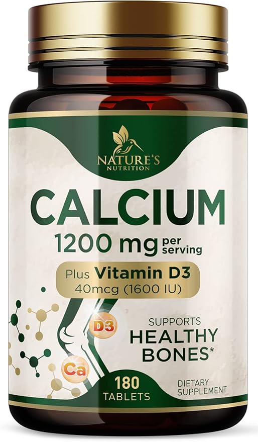 Calcium 1200 mg with Vitamin D3, Calcium Supplement Vitamins, Supports Bone Strength, Teeth & Immune System, Calcium Supplements for Women & Men, Nature's Absorbable Calcium Carbonate - 180 Tablets