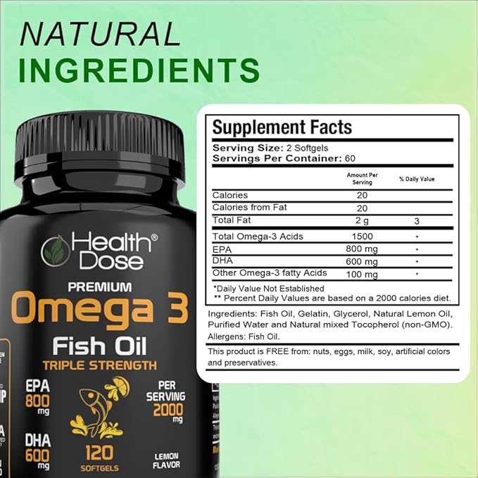 Omega 3 Fish Oil – Lemon-Flavored Softgels with EPA & DHA for Brain, Heart, and Wellness Support – Easy-to-Digest, No Fish Burps – 120 Softgels, Pack of 2