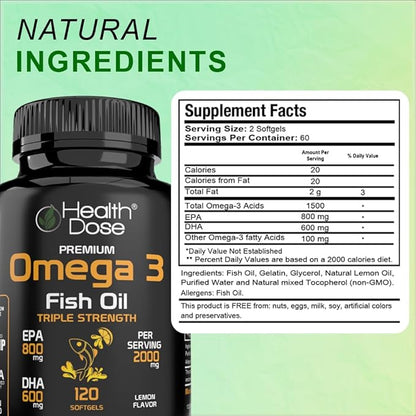 Omega 3 Fish Oil – Lemon-Flavored Softgels with EPA & DHA for Brain, Heart, and Wellness Support – Easy-to-Digest, No Fish Burps – 120 Softgels, Pack of 2