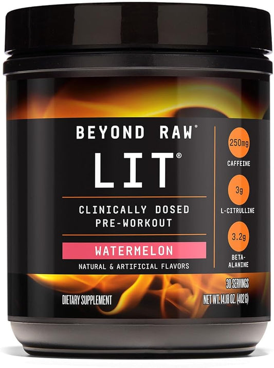 BEYOND RAW LIT PreWorkout Powder Supplement for Men and Women, Energy, Focus, Endurance, Pumps, Nitric Oxide Boost, 250mg Caffeine, Creatine, Beta Alanine, Watermelon, 30 Servings