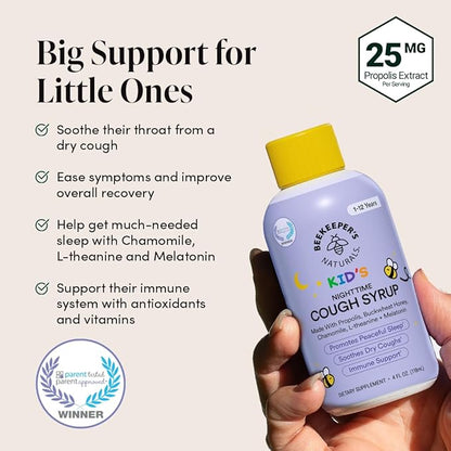 Beekeeper's Naturals Propolis Honey Cough Syrup Nighttime for Kids Immune Support with Propolis, Elderberry & Raw Honey - Sleep Support with Chamomile & L-Theanine - Gluten Free, 4 oz.
