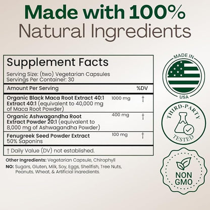 MACAPLUS+ 40,000mg 40x Strength Organic Black Maca Root + Ashwagandha + Fenugreek - #1 Highest Potency Black Maca Root Capsules for Men and Women Supplement 100% Pure Maca Peruana 40:1 Powder Pills