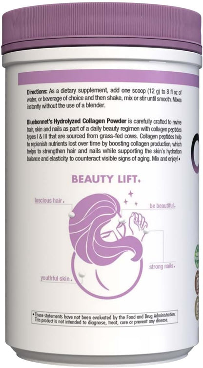BlueBonnet Nutrition Hydrolyzed Collagen Powder, Supports Hair, Skin, and Nails*, Soy-Free, Gluten-Free, Non-GMO, Grass-fed Cows, Pasture Raised, 10.58 oz, 25 Servings, Unflavored, Unsweetened