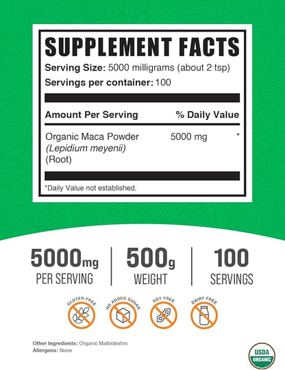 BulkSupplements.com Organic Maca Powder - Maca Supplement, Maca Root Powder - Superfood, Maca Powder Organic - Gluten Free, 5000mg per Serving, 500g (1.1 lbs) (Pack of 1)