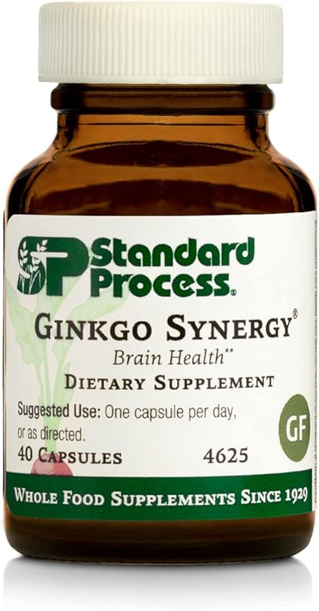 Standard Process Inc. Ginkgo Synergy - Whole Food Mental Clarity, Brain Health Supplement, Brain Support and Blood Flow with Grapeseed Extract, Buckwheat, Gotu Kola, Ginkgo Biloba - 40 Capsules
