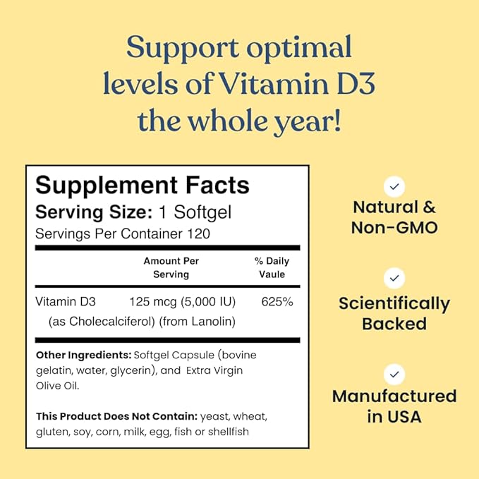 Better Way Health Vitamin D3 5000 IU – High Potency Softgel Vitamin D Supplement for Immune & Bone Health – Non-GMO, Dairy-Free, 120 Softgels