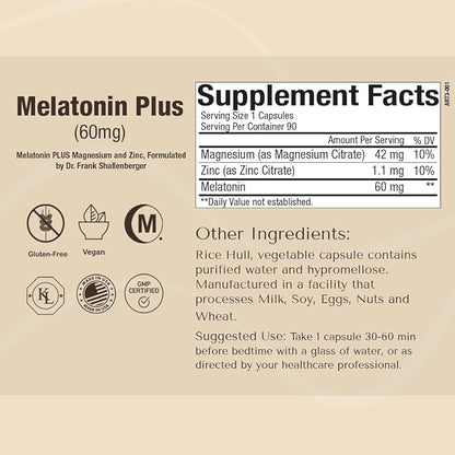 Melatonin Plus - High-Dose 60mg Melatonin with Zinc & Magnesium for Better Absorption - for Holistic Wellness - 180 Veggie Capsules