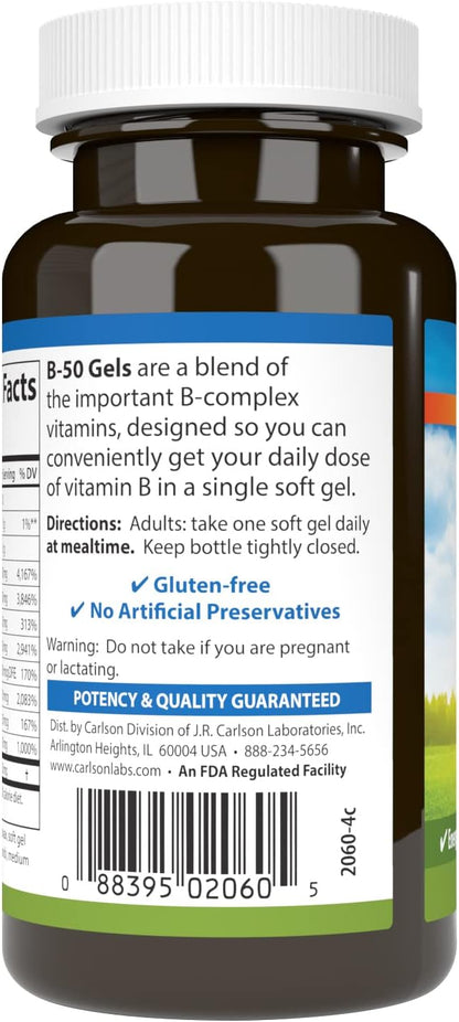 Carlson - B-50 Gels, Vitamin B Complex, Energy Production, Cellular Support & Optimal Wellness, 50 Softgels