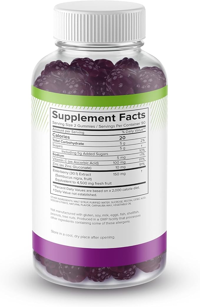 Sambucus Elderberry Gummies with Vitamin C & Zinc, Immune Support for Adults & Kids, Daily Antioxidant & Wellness Boost, 180 Vegan, Gluten-Free, Chewable Elderberry Gummies