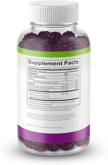 Sambucus Elderberry Gummies with Vitamin C & Zinc, Immune Support for Adults & Kids, Daily Antioxidant & Wellness Boost, 180 Vegan, Gluten-Free, Chewable Elderberry Gummies