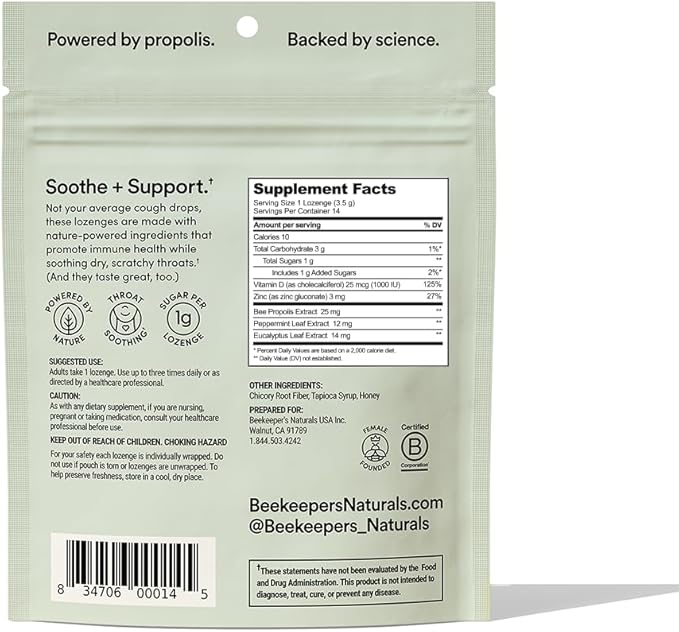 Beekeeper's Naturals Soothing Mint Eucalyptus Cough Drops, Immune Support with Vitamin D, Zinc and Propolis, Cooling & Throat Soothing Lozenges, 14 Ct