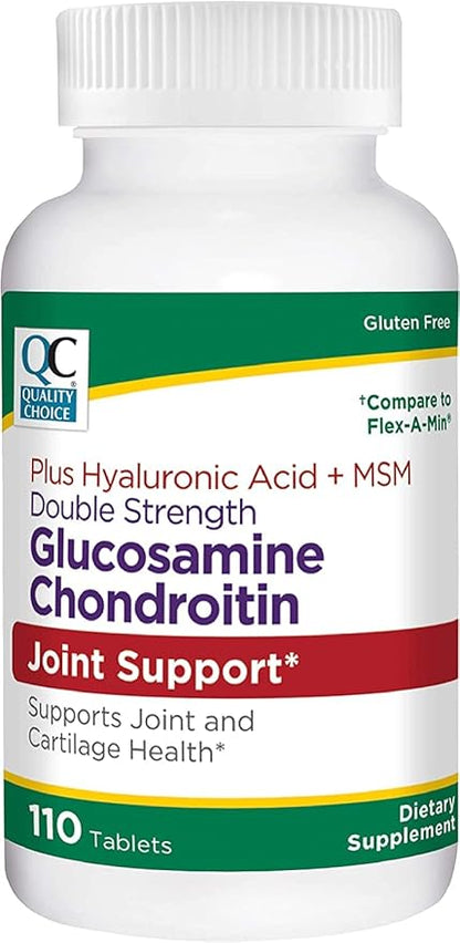 Quality Choice Double Strength Glucosamine Chondroitin + Hyaluronic Acid, MSM Tablets, 110 Count Bottles of Joint Support