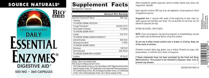 Source Naturals Essential Enzymes 500mg, Bio-Aligned Multiple Enzyme Supplement Herbal Defense for Digestion, Gas, Constipation & Bloating Relief - Digestive Aid* - 360 Capsules, 360 Servings