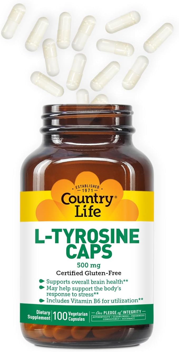 Country Life L-Tyrosine 500mg with Vitamin B6 Supplement - Certified Gluten-Free, Vegetarian, Kosher, Boosts Focus & Energy, Supports Brain Health, Enhances Mental Clarity, Non-GMO - 100 Capsules