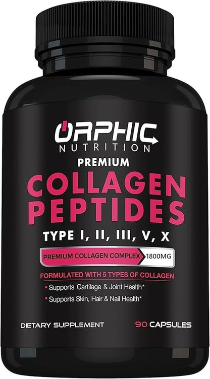 ORPHIC NUTRITION Collagen Peptides Capsules for Women,1800mg Multi Collagen Pills Types I, II, III, V, X - Supports Digestive Health Maintaining Strong Joints, Tendons, Ligaments and Muscles* 90 Caps