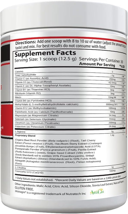 Drink Mix, Cherry, L-Arginine 5000mg, L-Citrulline 1000mg, Vitamins B12, C, D3, Beet Root, 30 Servings, Nitric Oxide Support, Cardiovascular, & Energy Support Supplement