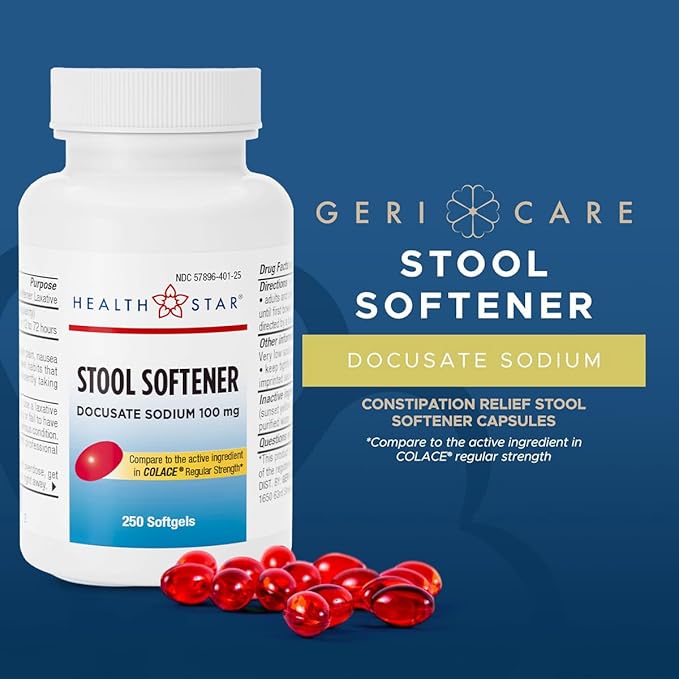 GeriCare Docusate Sodium Stool Softener - 100mg Gentle Stimulant Laxative Softgels for Men & Women- Constipation Relief - Adults Daily Bowel Movement Laxative, 250 Count